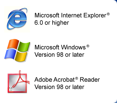 Images of Microsoft Internet Explorer, Windows, and Adobe Acrobat Reader icons.