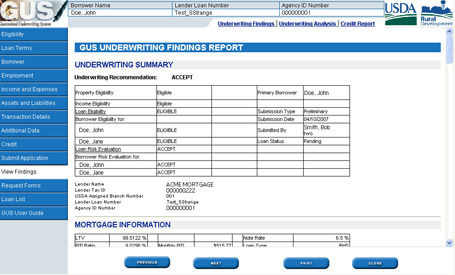 Image of a screenshot of “GUS Underwriting Findings Report: Underwriting Summary” table.