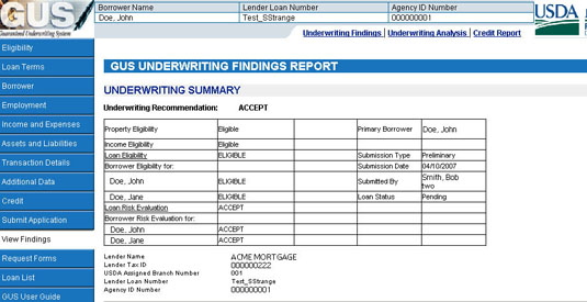 Image of a screenshot of “GUS Underwriting Findings Report: Underwriting Summary” table.